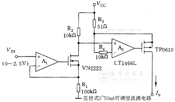 控式0~50mA可调恒流源电路,运算放大器LT14