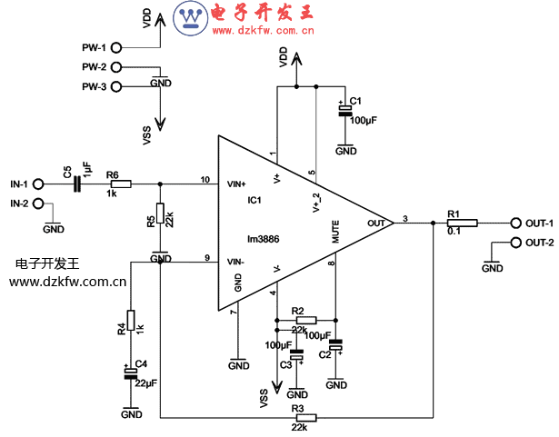 LM3886紧凑型功放电路原理图