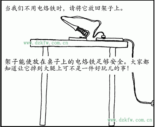 当我们不用电烙铁时，请将它放回架子上。
