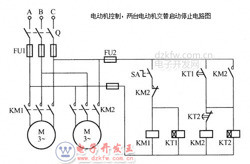 电动机控制两台电动机交替启动停止电路图